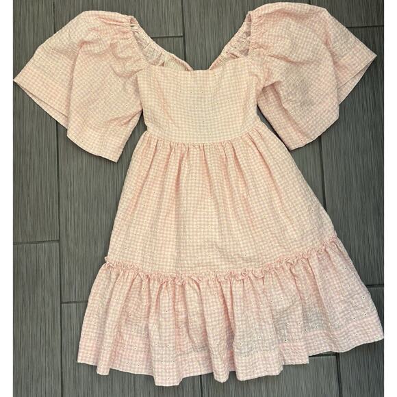 Mable Dresses & Skirts - Mable Pink/White Gingham Short Puff Sleeve Tiered Dress Smocked Open Back Small
